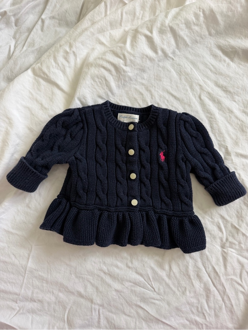 Ralph Lauren Navy Cable-Knit Peplum Cardigan with Pink Pony Logo